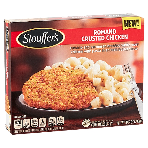 Stouffer's Romano Crusted Chicken, 10 1/4 oz
Romano and Parmesan Breaded White Meat Chicken with Pasta in an Herb Butter Sauce

Tender white meat chicken encrusted with Romano and Parmesan cheeses

Freshly Made, Simply Frozen™
