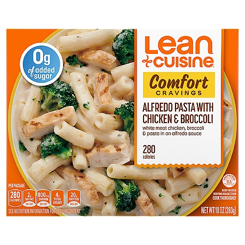 Lean Cuisine Comfort Cravings Alfredo Pasta with Chicken & Broccoli, 10 oz
White Meat Chicken, Broccoli & Pasta in an Alfredo Sauce

Your Goals. In Your Control.
Our crave-worthy comfort foods put you in control of your goals.