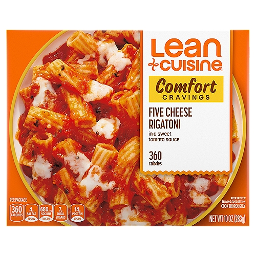 Lean Cuisine Comfort Cravings Five Cheese Rigatoni, 10 oz
Five Cheese Rigatoni in a Sweet Tomato Sauce

Your Goals. In Your Control.
Our crave-worthy comfort foods put you in control of your goals.