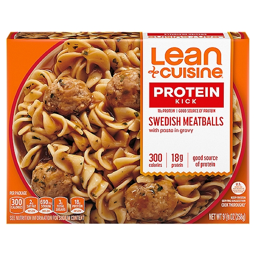 Lean Cuisine Protein Kick Swedish Meatballs with Pasta in Gravy, 9 1/8 oz
Kick your dish up a notch with a good source of protein and crave-worthy taste.

Kick Your Day into High Gear.
A ''good source of protein'' means our dish provides you with 10%-19% of the recommended daily value of protein.