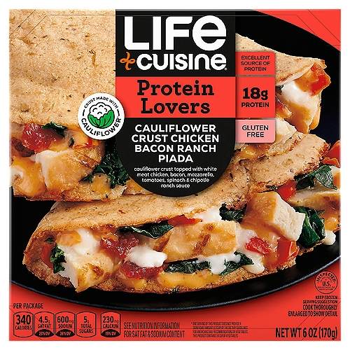 Cauliflower Crust Topped with White Meat Chicken, Bacon, Mozzarella, Tomatoes, Spinach & Chipotle Ranch SaucennCrust Made with Cauliflower*n* One Serving of this Product Does Not Provide a Significant Amount (1/2 Cup) of the Dietary Guidelines for Americans Daily Recommendations of Vegetables. This Product Contains 1/4 Cup of Vegetables.nnFeed your best life with this delicious high-protein dish, with 4 grams of fiber.