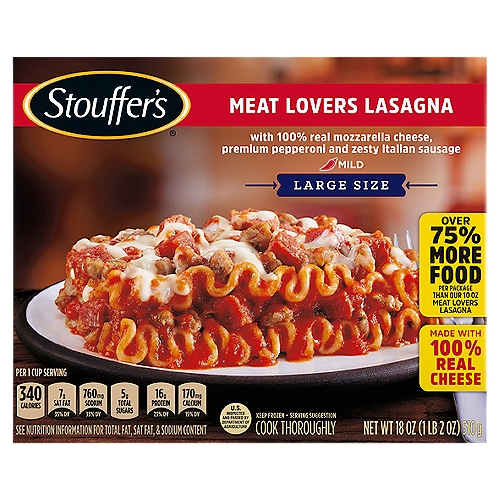 Stouffer's Classics Meat Lovers Lasagna Large Size, 18 oz
Meat Lovers Lasagna with a Hearty Tomato Sauce, Uncured Pepperoni, Italian Sausage, Ground Beef and Pork