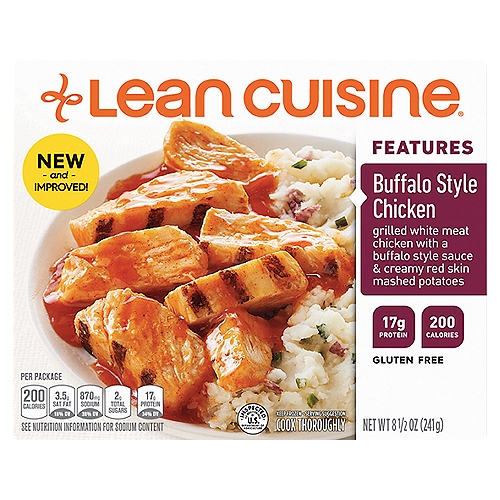 Lean Cuisine Features Buffalo Style Chicken, 8 1/2 oz
Grilled White Meat Chicken with a Buffalo Style Sauce & Creamy Red Skin Mashed Potatoes