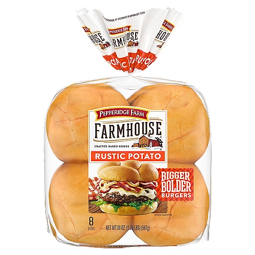 Add the comfort of homemade goodness in every bite with our Pepperidge Farm Farmhouse Rustic Potato Hamburger Buns. The flavors and textures of delicious, hearty buns just can't be rushed, and that's why our bakers bake our Farmhouse buns with deliberate, thoughtful care. Rustic Potato Hamburger Buns are perfectly crafted for a bigger, bolder burger! The heartiness of these buns will stand up to all your favorite toppings without falling apart. So whether you love burgers with bacon and cheese or onions and peppers, go ahead and load ‘em up! For Pepperidge Farm, baking is more than a job. It's a real passion. Each day, our bakers take the time to make every loaf of bread the best way they know how - by using carefully selected, quality ingredients. Make your meals a little more special with our 8-pack of delicious buns and enjoy the great taste of homemade, because after all, there's no taste like home.