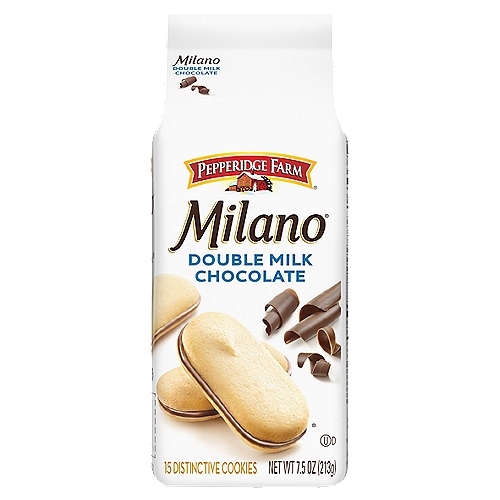Pepperidge Farm Milano Double Milk Chocolate Cookies, 15 count, 7.5 oz
When you can't make yoga, when you have 10 minutes before getting the kids from school, when you just need a little me-time, Pepperidge Farm Milano Double Milk Chocolate Cookies are there for you. Delicate, sweet and oh, so indulgent, Milano cookies are that special treat your day needs — your me-time must-have. Pepperidge Farm Milano Double Milk Chocolate Cookies have twice as much rich milk chocolate as our classic version between crisp baked cookies. Get ready to enjoy 15 delicious cookies in every bag. Our recipe combines carefully selected, quality ingredients with the skill and care of creative bakers for results that are simply delicious. Milano cookies are beautifully crafted because, for Pepperidge Farm, baking is more than a job, it's a real passion. Each day, the Pepperidge Farm bakers take the time to make every cookie, pastry, cracker, and loaf of bread the best way they know how by using quality ingredients. So go ahead and indulge. You deserve it!