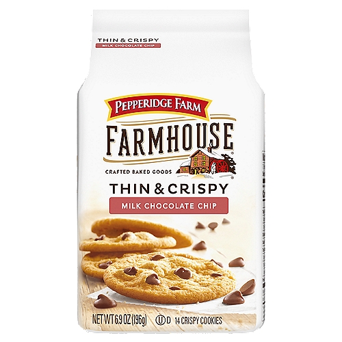 Enjoy the homemade taste of Pepperidge Farm Farmhouse Thin and Crispy Milk Chocolate Chip Cookies. Packed with just the right amount of milk chocolate chips, these crispy and thin cookies have a rich, buttery flavor that melts in your mouth. Each 6.9-ounce bag contains 14 cookies and is perfect for sharing or stashing in your pantry to satisfy your cravings for sweet snacks. Enjoy them on their own, dunk them in a cold glass of milk, or use them in your favorite dessert recipes.