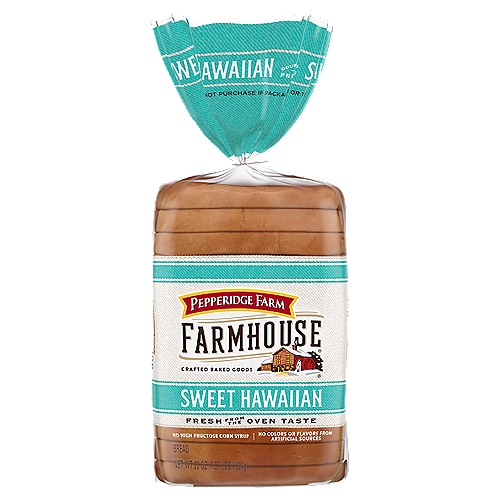 Pepperidge Farm Farmhouse Sweet Hawaiian Bread, 22 oz
Farmhouse is the bread you would make if you made bread. At Pepperidge Farm, we have been baking delicious breads inspired by small batch recipes and crafted with premium ingredients for over 75 years. For us, baking is more than a job, it's a real passion. Our dedication to quality shows in the care we put into every detail. Pepperidge Farm Farmhouse Sweet Hawaiian Bread stays true to the classic recipe you know and love: A delicious, versatile Hawaiian bread baked with quality ingredients and a touch of sweetness with no high fructose corn syrup and no flavors or colors from artificial sources. These slick slices of sandwich bread are soft, yet strong enough to stand up to any sandwich ingredient. And with a delightfully mild flavor, it's the perfect bread for sandwich lovers. Enjoy the great taste of homemade, because after all, there's no taste like home.