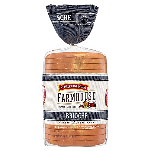 Pepperidge Farm Farmhouse Brioche Bread, 22 oz
Farmhouse is the bread you would make if you made bread. At Pepperidge Farm, we have been baking delicious breads inspired by small batch recipes and crafted with premium ingredients for over 75 years. Upgrade your breakfast French toast or your go-to lunch sandwich with Pepperidge Farm Farmhouse Brioche Bread. It's the perfect balance of sweet, salty and buttery goodness in every thick, delicious slice. This sandwich bread is soft, yet strong enough to stand up to any sandwich ingredient. For us, baking is more than a job, it's a real passion. Our dedication to quality shows in the care we put into every detail, with no high fructose corn syrup and no flavors or colors from artificial sources used. Enjoy the great taste of homemade, because after all, there's no taste like home.