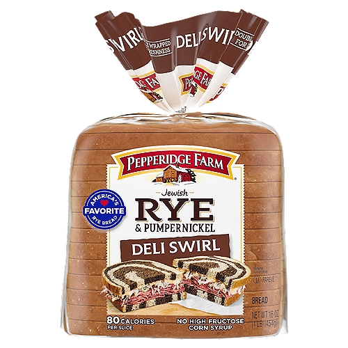 Pepperidge Farm Jewish Rye & Pumpernickel Deli Swirl Bread, 16 oz. Bag
Enjoy the flavorful taste and enticing aroma of our Pepperidge Farm Rye breads. A delightful twist of Rye and dark Pumpernickel, our Deli Swirl bread is a perfect balance of two delicious flavors in every bite.

Whether it's for a sandwich, toast, or special meal, our Rye breads make every eating occasion especially tasty!
