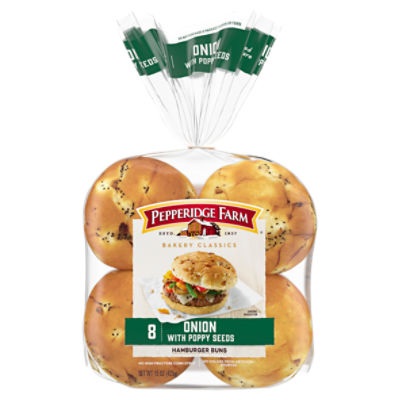 Pepperidge Farm Onion with Poppy Seeds Hamburger Buns, 8-Pack Bag, 15 Ounce