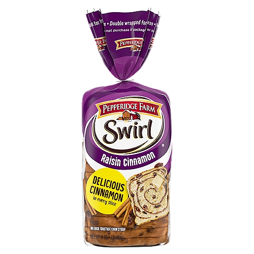 Pepperidge Farm Swirl Raisin Cinnamon Bread, 16 oz
Welcome the day with a slice of Pepperidge Farm Raisin Cinnamon Swirl Bread. Every loaf is baked to perfection with plump, juicy raisins and rich cinnamon swirled right in. It's lightly sweetened with no high-fructose corn syrup and sliced thick, perfect for toasting. Try it with your favorite spread or use it for your favorite French toast recipe. For Pepperidge Farm, baking is more than a job. To us, it's a real passion. Each day, our bakers take the time to make every cookie, pastry, cracker, and loaf of bread the best way they know how. They always start with carefully selected, quality ingredients that are blended and baked to perfection, ready to welcome you to your day. From our ovens to your breakfast table, it's the most delicious way to start your day!