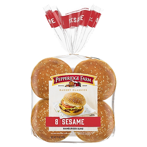 Pepperidge Farm Bakery Classics Sesame Hamburger Buns, 8 count, 15 oz
Pepperidge Farm Bakery Classics buns are baked with deliberate, thoughtful care and made with premium ingredients, perfectly orchestrated with a baker's touch. At Pepperidge Farm, we have been baking delicious breads inspired by small-batch recipes and crafted with premium ingredients for over 80 years. For us, baking is more than a job, it's a real passion. The whole family will love these cookout-ready, classic hamburger buns. Pepperidge Farm Bakery Classic hamburger buns are sprinkled with sesame seeds for an extra touch the whole family will love. They're perfect for cheeseburgers, chicken sandwiches, barbecue sandwiches, and more. Our dedication to quality shows in the care we put into every detail. Pepperidge Farm hamburger buns stay true to the classic recipe you know and love. The 8-count pack is ready to make your meals a little more special. Add our delicious Pepperidge Farm buns to your next meal.