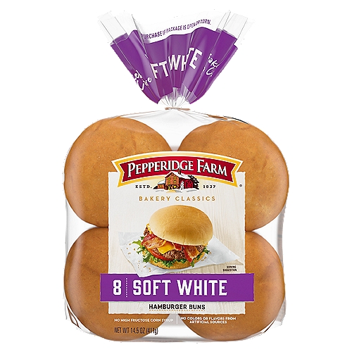 PEPPERIDGE FARM Bakery Classics Soft White Hamburger Buns, 8 count, 14.5 oz
Timeless and without pretense, our ''Bakery Classics'' stand for quality, with premium ingredients, perfectly orchestrated with a baker's touch. Make your meals a little more special with our delicious buns. The whole family will love these soft and delicious, classic hamburger buns. They're perfect for cheeseburgers, chicken sandwiches, barbecue sandwiches, and more. For Pepperidge Farm. baking is more than a job. It's a real passion. Each day, our bakers take the time to make every cookie, pastry, cracker, and loaf of bread the best way they know how - by using carefully selected, quality ingredients. 