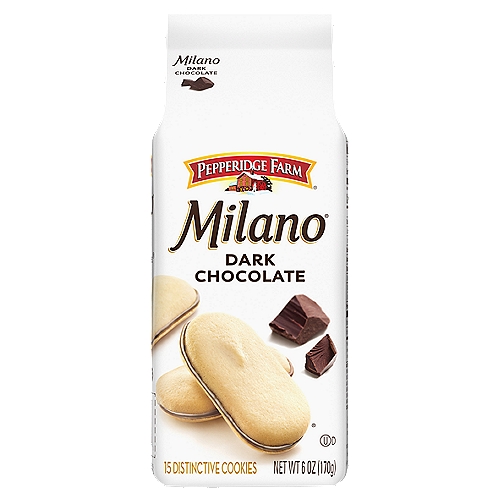 Pepperidge Farm Milano Dark Chocolate Cookies, 15 count, 6 oz
When you can't make yoga, when you have 10 minutes before getting the kids from school, when you just need a little me-time, Pepperidge Farm Milano Dark Chocolate Cookies are there for you. Delicate, sweet and oh, so indulgent, Milano cookies are that special treat your day needs — your me-time must-have. Pepperidge Farm Milano Dark Chocolate Cookies sandwich rich dark chocolate between crisp baked cookies. Get ready to enjoy 15 delicious cookies in every bag. Our recipe combines carefully selected, quality ingredients with the skill and care of creative bakers for results that are simply delicious. Milano cookies are beautifully crafted because, for Pepperidge Farm, baking is more than a job, it's a real passion. Each day, the Pepperidge Farm bakers take the time to make every cookie, pastry, cracker, and loaf of bread the best way they know how by using quality ingredients. So go ahead and indulge. You deserve it!