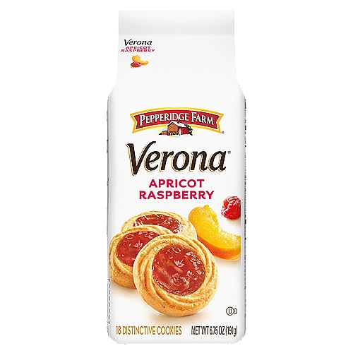 Pepperidge Farm Verona Apricot Raspberry Cookies are a celebration of the fundamentals of a perfect cookie — made with the best ingredients and baked to absolute perfection. The essence of our classic apricot raspberry thumbprint cookie is buttery shortbread golden baked to a delicate crisp with the sweetness of fruit — simply scrumptious!