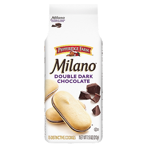 Elevate any moment with Pepperidge Farm Milano Double Dark Chocolate Cookies. Whether it's a book club meeting with friends or a holiday celebration with the family, Pepperidge Farm Milano Cookies are the special treat your occasion needs. Delicate, sweet and oh so indulgent, our double dark chocolate cookies have twice as much rich dark chocolate as our classic Milano cookies. Enjoy these elegant sandwich cookies with a cup of coffee or tea in the afternoon, or pair them with a glass of wine after dinner. Each 7.5-ounce bag contains 15 cookies and is perfect for sharing with friends or stashing in your pantry to satisfy your cravings for sweet snacks. Looking for a quick and easy dessert to wow your party guests? Pepperidge Farm Milano cookies are fun to decorate for holidays and other special occasions. In addition to Double Dark Chocolate, Pepperidge Farm Milano cookies are available in irresistible varieties to match any mood, including Milk Chocolate, Mint Chocolate and more. Pepperidge Farm cookies are crafted with care and quality ingredients by creative bakers who believe baking is more than a job - it's a passion.