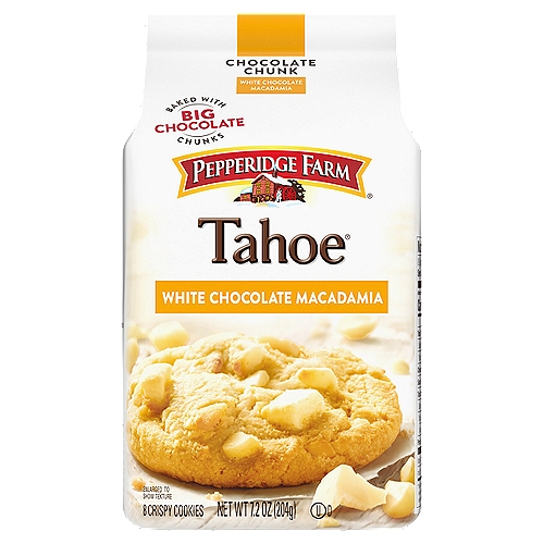 Enjoy the homemade taste of Pepperidge Farm Tahoe Crispy White Chocolate Macadamia Nut Cookies. Made with white chocolate chunks and crunchy macadamia nuts, these sweet and crispy cookies have a delicious melt-in-your mouth flavor. Each 7.2-ounce bag contains 8 white chocolate chip cookies and is perfect for sharing or stashing in your pantry to satisfy your cravings for sweet snacks. Enjoy them on their own, dunk them in milk or coffee, or use them in your favorite recipes.