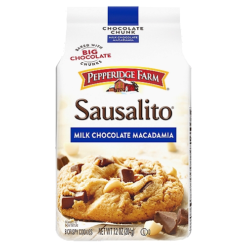 Enjoy the homemade taste of Pepperidge Farm Sausalito Crispy Milk Chocolate Macadamia Nut Cookies. Made with rich milk chocolate chunks and crunchy macadamia nuts, these sweet and crispy cookies have a delicious melt-in-your mouth flavor. Each 7.2-ounce bag contains 8 chocolate chip cookies and is perfect for sharing or stashing in your pantry to satisfy your cravings for sweet snacks. Enjoy them on their own, dunk them in milk or coffee, or use them in your favorite recipes.