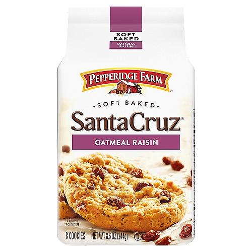 Enjoy the homemade taste of Pepperidge Farm Santa Cruz Soft Baked Oatmeal Raisin Cookies. Pepperidge Farm Santa Cruz oatmeal cookies feature the delicious combination of rolled oats, juicy raisins and cinnamon spice. With a classic flavor and a moist, chewy texture, our soft cookies are more than just a treat - they're an experience! Each 8.6-ounce bag contains 8 cookies and is perfect for sharing or stashing in your pantry to satisfy your cravings for sweet snacks.
