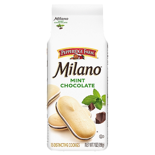 Pepperidge Farm Milano Mint Chocolate Cookies, 7 oz
Enjoy a few quiet moments and a Milano cookie.

Baked with no artificial flavors or preservatives (just one more reason why they're so good).