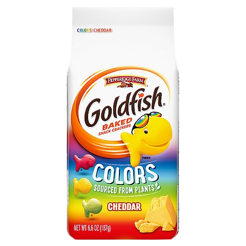 Pepperidge Farm Goldfish Colors Cheddar Baked Snack Crackers, 6.6 oz
The irresistible little snack that always delights! These munchable, colorful Goldfish Cheddar snack crackers are always baked with 100% real cheese and made with colors sourced from plants. Whether you are looking for an on-the-go snack or just craving something delicious to munch on while streaming your favorite show, they're a snack that everyone will love. They're also the perfect companion to add a little cheesy, crunchy excitement to your meals. For lunch, add them to soups, sprinkle them on salads or just simply munch them as a side with your sandwich. From on-the-go snack time to meal time, there are so many ways to enjoy the goodness of Goldfish. And Goldfish Colors Cheddar snack crackers are only the beginning. If you're looking for a little more flavor in your life, give our Flavor Blasted Xtra Cheddar, Cheddar Jack'd or Cheesy Pizza a try.