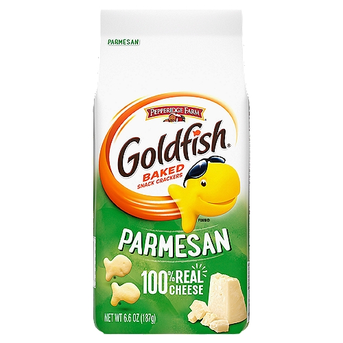 Our Goldfish Parmesan snack crackers have a deliciously perfect balance of parmesan cheese with a crunch that everyone can smile about. They're always baked with 100% real cheese, and are made with no artificial flavors or preservatives. This munchable, crunchable little snack is the perfect way to add some smiles to any occasion. Go for the handful!