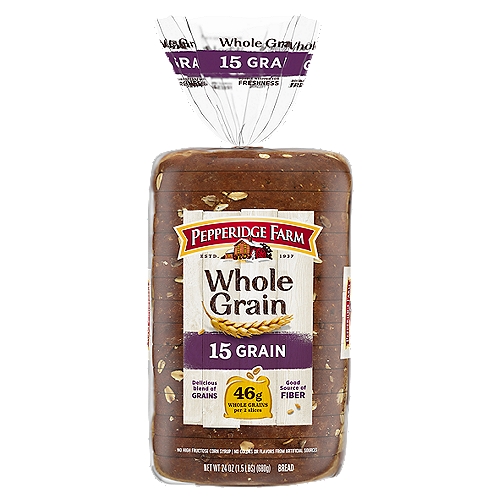 Pepperidge Farm Whole Grain 15 Grain Bread, 24 oz
At Pepperidge Farm, we have been baking delicious breads inspired by small-batch recipes and crafted with premium ingredients for over 80 years. For us, baking is more than a job, it's a real passion. Our dedication shows in the care we put into every detail. Pepperidge Farm Whole Grain 15 Grain Bread stays true to the classic recipe you know and love: whole grain flour and a touch of sweetness for a delicious, soft whole wheat bread. Pepperidge Farm Whole Grain breads are delicious, with a good source of fiber in every slice. Pepperidge Farm Whole Grain Breads are baked with quality ingredients for a whole grain goodness that tastes great, too! Each day, our bakers take the time to make every cookie, pastry, cracker, and loaf of bread the best way they know how - by using carefully selected, quality ingredients. Make your meals a little more special with our delicious breads.
