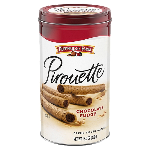 Whether paired with morning tea or coffee, added as an adorable cupcake decoration, or partnered with ice cream, Pepperidge Farm Pirouette Chocolate Fudge Créme-Filled Wafers deliver absolute indulgence in every perfect bite. These pastry-like wafers are baked to a delicate crisp, and filled with a luscious, creamy chocolate fudge filling. They have a European flair that makes serving them extra special - even if it's a treat just for you. The 13.5-ounce tin helps keep them fresh, so you can continue to savor the sophisticated sweetness. These Pepperidge Farm Pirouette Chocolate Fudge Créme-Filled Wafers are beautifully crafted because, for Pepperidge Farm, baking is more than a job, it's a real passion. Each day, our bakers take the time to make every cookie, pastry, cracker, and loaf of bread the best way they know how — by using carefully selected, quality ingredients. So go ahead and give in to delicious indulgence.