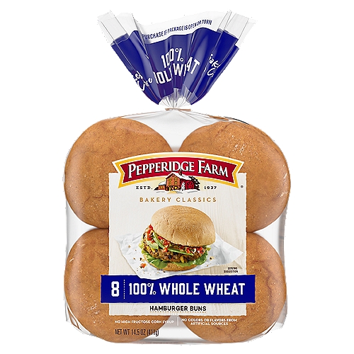 Pepperidge Farm Bakery Classic 100% Whole Wheat Hamburger Buns, 8 count, 14.5 oz
Pepperidge Farm Bakery Classics buns are baked with deliberate, thoughtful care and made with premium ingredients, perfectly orchestrated with a baker's touch. At Pepperidge Farm, we have been baking delicious breads inspired by small-batch recipes and crafted with premium ingredients for over 80 years. For us, baking is more than a job, it's a real passion. The whole family will love these cookout-ready, classic hamburger buns. Pepperidge Farm 100% Whole Wheat Hamburger Buns are crafted with premium ingredients for great taste. They're perfect for cheeseburgers, chicken sandwiches, barbecue sandwiches, and more. Our dedication to quality shows in the care we put into every detail. Pepperidge Farm Bakery Classics stay true to the classic recipe you know and love. The 8-count pack is ready to make your meals a little more special. Add our delicious Pepperidge Farm hamburger buns to your next meal.