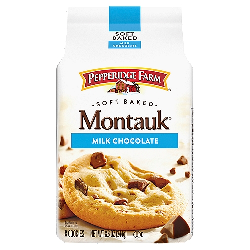 Enjoy the homemade taste of Pepperidge Farm Montauk Soft Baked Milk Chocolate Chunk Cookies. Baked with rich milk chocolate chunks, our delightfully soft cookies are more than just a treat - they're an experience! Each 8.6-ounce bag contains 8 chewy chocolate chip cookies and is perfect for sharing or stashing in your pantry to satisfy your cravings for sweet snacks. Enjoy these chewy cookies on their own, dunk them in milk, or use them in your favorite dessert recipes.