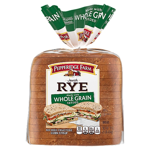 Pepperidge Farm Jewish Rye Seeded Whole Grain Bread, 16 oz. Loaf
Enjoy the flavorful taste and enticing aroma of our Pepperidge Farm Rye breads. This Rye bread, made with whole grain wheat flour, will satisfy your Rye bread craving with a crunch of caraway seeds and the delicious taste of rye. Whether it's for a sandwich, toast, or special meal, our Rye breads make every eating occasion especially tasty! At Pepperidge Farm, baking is more than a job. It's a real passion. Each day, our bakers take the time to make every cookie, pastry, cracker, and loaf of bread the best way they know how - by using carefully selected, quality ingredients.