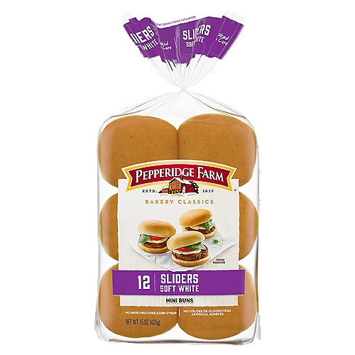 Pepperidge Farm Bakery Classics Sliders Soft White Mini Buns, 12 count, 15 oz
At Pepperidge Farm, we have been baking delicious breads crafted from small-batch recipes and premium ingredients for over 80 years. For us, baking is more than a job, it's a real passion. Our dedication shows in the care we put into every detail. Pepperidge Farm Bakery Classics stand for quality and our White Slider Buns stay true to the classic recipe you know and love. We use quality ingredients for delicious, versatile classic buns made a little smaller for your sliders. They're perfect for mini burgers, or pulled pork or chicken sandwiches at your tailgate. No other bun will do. Our barbecue-ready slider buns make your meals a little more special. Enjoy the great taste of homemade with our 15-oz. pack of 12 delicious Pepperidge Farm slider buns.
