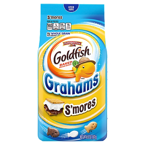 Pepperidge Farm Goldfish S'mores Baked Graham Snacks, 6.6 oz
Snack-time goodness is taken to a whole new level with Goldfish Grahams S'mores snack crackers. If you're ever craving the one-of-a-kind flavor of s'mores, these fit the bill without the campfire. They hit the spot with a delicious blend of marshmallows, honey grahams & chocolate grahams. They're a crunchable and munchable snack, playful enough for kids to snack on, and tasty enough to satisfy the grown-ups every bit as much. They're always baked and made with no artificial flavors or preservatives. This awesome snack even has 8 grams of whole grain in every serving, so you can always feel good about enjoying snack time. They make the perfect anytime edible - after school, on the weekends or whenever you're just spending time together. Sharing them with friends is always sure to end up in sweet smiles all around. Serve up tasty Goldfish Grahams S'mores snack crackers and be ready for some fun. Expect everyone to come back for more! Go for the handful!
