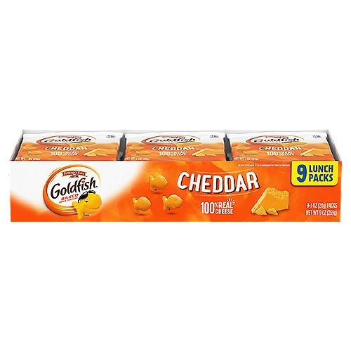 Pepperidge Farm Goldfish Cheddar Baked Snack Crackers Lunch Packs, 1 oz, 9 count
The irresistible little snack that always delights! These munchable, crunchable Goldfish Cheddar snack crackers are always baked with 100% real cheese and made with no artificial flavors or preservatives. Whether you are looking for an on-the-go snack or just craving something delicious to munch on while streaming your favorite show, they're a snack the whole family will love. They're also the perfect companion if you want to add a little excitement to that boring everyday lunch by adding a little cheesy crunch. If you want to add even more flavor to your life, give our Flavor Blasted Xtra Cheddar, Cheddar Jack'd or Cheesy Pizza a try. Go for the handful!
