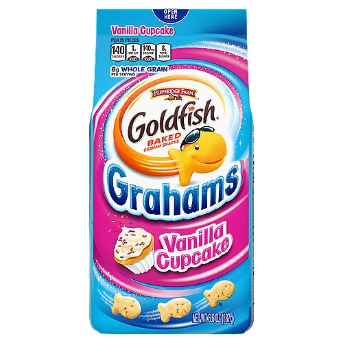 Pepperidge Farm Goldfish Vanilla Cupcake Baked Graham Snacks, 6.6 oz
Enjoy snack-time goodness with tasty, crunchable, munchable Goldfish Grahams Vanilla Cupcake snack crackers. If you're ever craving the taste of a cupcake, these fit the bill without you having to bake. They always hit the spot with their delicious vanilla flavor and they're baked and made with no artificial flavors or preservatives, so you can feel good about enjoying these crackers. Playful enough for kids to snack on, and tasty enough to satisfy the grown-ups every bit as much. This awesome snack even has 8 grams of whole grain in every serving, so you can always feel good about enjoying snack time. They make the perfect anytime edible - after school, on the weekends or whenever you just want to spend time together. Sharing them with friends is always sure to end up in sweet smiles all around. Serve up tasty Goldfish Vanilla Cupcake snack crackers and be ready for some fun. Expect everyone to come back for more! Go for the handful!