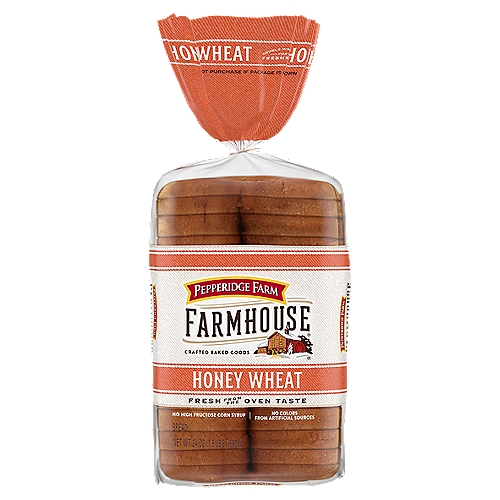 Pepperidge Farm Farmhouse Honey Wheat Bread, 24 oz
Farmhouse is the bread you would make if you made bread. At Pepperidge Farm, we have been baking delicious breads inspired by small batch recipes and crafted with premium ingredients for over 75 years. For us, baking is more than a job, it's a real passion. Our dedication to quality shows in the care we put into every detail. Pepperidge Farm Farmhouse Honey Wheat Bread stays true to the classic recipe you know and love: A delicious, versatile honey wheat bread baked with quality ingredients and a touch of sweetness with no high fructose corn syrup and no flavors or colors from artificial sources. These slick slices of sandwich bread are soft, yet strong enough to stand up to any sandwich ingredient. And with a delightfully mild flavor, it's the perfect bread for sandwich lovers. Enjoy the great taste of homemade, because after all, there's no taste like home.