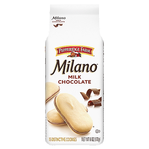 Elevate any moment with Pepperidge Farm Milano Milk Chocolate Cookies. Whether it's a book club meeting with friends or a holiday celebration with the family, Pepperidge Farm Milano Cookies are the special treat your occasion needs. Delicate, sweet and oh so indulgent, our classic milk chocolate cookies feature rich, luxurious milk chocolate between two crisp baked cookies. Enjoy these elegant sandwich cookies with a cup of coffee or tea in the afternoon, or pair them with a glass of wine after dinner. Each 6-ounce bag contains 15 cookies and is perfect for sharing with friends or stashing in your pantry to satisfy your cravings for sweet snacks. Looking for a quick and easy dessert to wow your party guests? Pepperidge Farm Milano cookies are fun to decorate for holidays and other special occasions. In addition to Milk Chocolate, Pepperidge Farm Milano cookies are available in irresistible varieties to match any mood, including Dark Chocolate, Mint Chocolate and more. Pepperidge Farm cookies are crafted with care and quality ingredients by creative bakers who believe baking is more than a job - it's a passion.