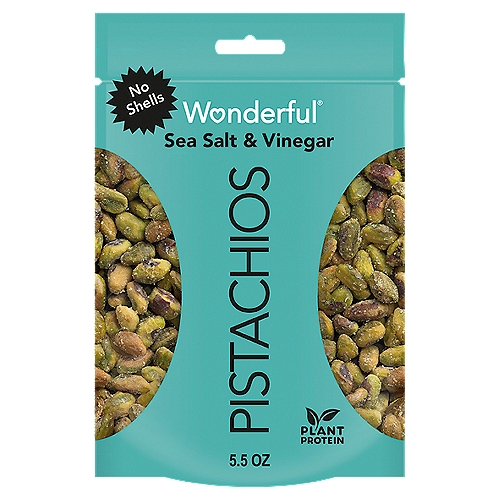 Plant Protein™nnTreat your taste buds to a tart, tangy snack with Sea Salt &Vinegar Wonderful Pistachios No Shells. With just the right amount of sea salt and vinegar, they're the perfect balance of sour and savory. No shells, no guilt, tons of zesty goodness.