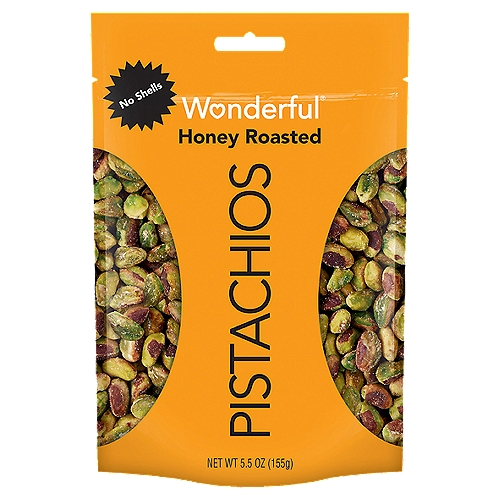 Grab a sweet snack with Honey Roasted Wonderful Pistachios No Shells. They're kissed with honey, sugar and a pinch of salt for a sweet and savory snack you can't set down. Plus, we took out the shells, so it's less crackin', more snackin'.