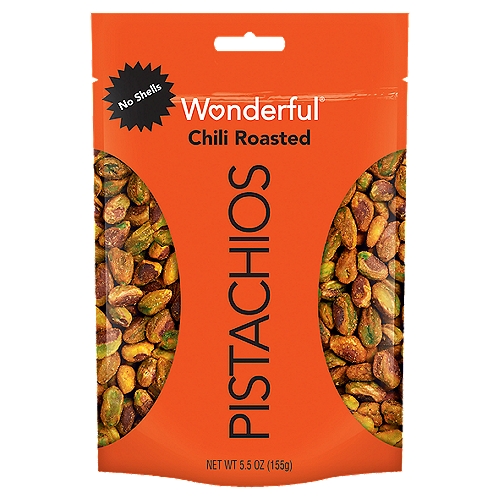 Wonderful Chili Roasted Pistachios, 5.5 oz
Turn up the heat with Chili Roasted Wonderful Pistachios No Shells. They're bursting with the big, bold flavors of red pepper, garlic and vinegar to tingle your tongue and keep you craving more. Skip the shells and get spicy for less crackin', more snackin'.