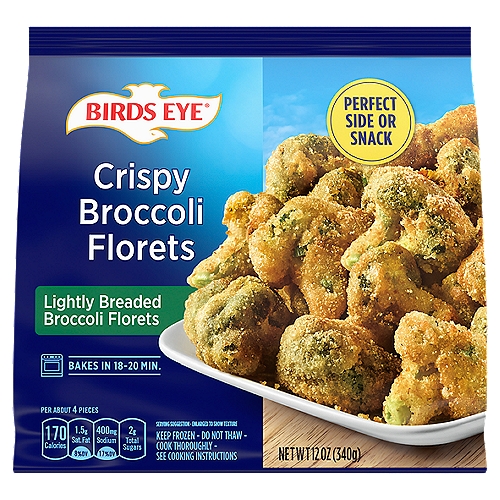  Shake up your frozen vegetable options with Birds Eye Crispy Broccoli Florets. Lightly breaded frozen broccoli florets are a family favorite and add an irresistible crispiness to your meal. Serve this frozen snack as an easy appetizer or quick side dish any night. Pop these frozen breaded vegetables in the oven for 16 minutes to create a perfectly crispy treat for your family. Keep a 12 ounce bag of crispy broccoli florets in your freezer to keep them fresh and ready for snack time, unexpected guests or quick side dishes. It's good to eat vegetables, so Birds Eye makes vegetables good to eat.