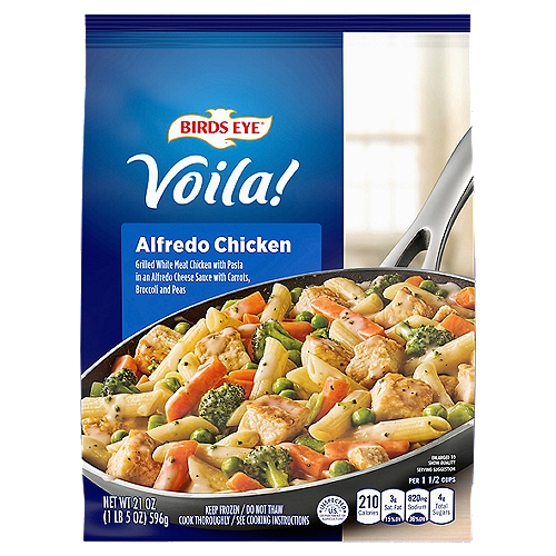 Birds Eye Voila! Alfredo Chicken, 21 oz
Birds Eye Voila! Alfredo Chicken offers a complete meal solution for quick weeknight dinners. This delicious Alfredo pasta frozen meal combines grilled seasoned white chicken, pasta, carrots, broccoli and garden peas in a rich Alfredo cheese sauce for a flavorful Italian-style meal any night. Birds Eye frozen pasta dinner with mixed vegetables is made with no preservatives and no artificial flavors. Simple stove-top preparation requires a single skillet for a quick chicken Alfredo dinner that's ready in under 15 minutes, or microwave the chicken pasta meal for faster prep. Store this skillet meal in the freezer for freshness until you're ready to enjoy it. It's good to eat vegetables, so Birds Eye makes vegetables good to eat.