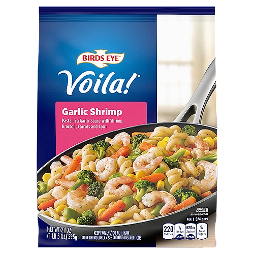 Birds Eye Voila! Garlic Shrimp, 21 oz
Birds Eye Voila! Selects Garlic Shrimp serves up comfort food in an easy, complete skillet meal. Shrimp, pasta and vegetables in garlic sauce create a hearty meal option. This frozen pasta dinner gets fresh taste from the frozen mixed vegetables, that include carrots, broccoli and corn. It's also made with no preservatives or artificial flavors. For a delicious and easy family dinner, simply pour the sauce pouches and frozen meal ingredients into a skillet, or microwave the meal in a microwave-safe dish. Keep this shrimp pasta meal in the freezer until you're ready to cook it. It's good to eat vegetables, so Birds Eye makes vegetables good to eat.