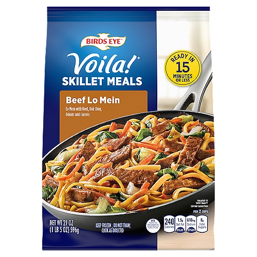 Birds Eye Voila! Beef Lo Mein, 21 oz
Keep Birds Eye Voila! Selects Beef Lo Mein on hand for an easy meal solution. This frozen meal offers a robust mix of tender beef, lo mein noodles and premium Birds Eye frozen mixed vegetables. Bok choy, onion strips and shoestring carrots give this frozen dinner a delicious, Asian-style flavor. This beef skillet meal contains no preservatives and no artificial flavors. Take your frozen lo mein dinner from the skillet to the table in minutes. With easy stove top prep, this meal is ready in about 10 to 11 minutes, giving you a quick way to prepare a hot meal on busy nights. Store this meal in the freezer until you're ready to cook it. It's good to eat vegetables, so Birds Eye makes vegetables good to eat.