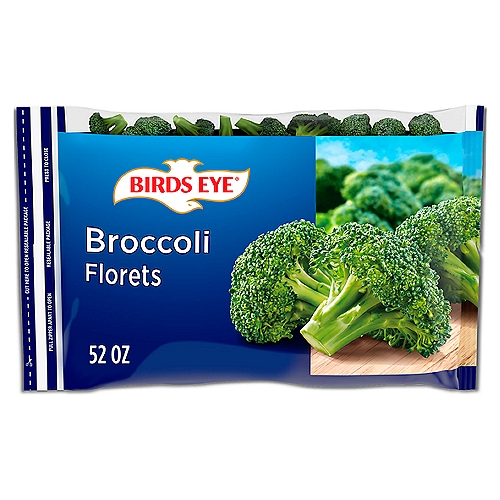 Birds Eye Broccoli Florets, 52 oz
Birds Eye Broccoli Florets frozen vegetables make it simple and easy for the whole family to enjoy their vegetables. These flash frozen broccoli florets were specially selected to provide you and your family with quality vegetables. Birds Eye frozen broccoli florets make a tasty addition to any meal. Your family deserves the best when it comes to eating vegetables, that's why there is nothing artificial added. Enjoy steamed broccoli as a side dish at dinnertime or incorporate the frozen vegetable into your favorite recipes. Cooking the broccoli is simple in around 8 minutes; boil them on the stove or prepare them in the microwave. Keep the 52 ounce bagged broccoli florets fresh in the freezer until ready to enjoy. It's good to eat vegetables, so Birds Eye makes vegetables good to eat.
