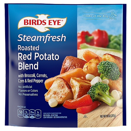 Birds Eye Steamfresh Roasted Red Potato Blend with Broccoli, Carrots, Corn & Red Pepper, 10 oz
Birds Eye Steamfresh Roasted Red Potato Blend is an easy way to add veggies to your meals. Easy and delicious, this frozen side features roasted potatoes with frozen mixed vegetables, including broccoli, carrots, corn and red pepper, for bold flavor. Your family deserves the best when it comes to your veggies. That's why there are no artificial flavors, colors or preservatives added to these frozen sides. Serve these red potatoes and frozen vegetables as an easy side dish with dinner. Enjoy them plain or top the frozen potatoes with cheese sauce for extra flavor. Preparation is easy. Simply microwave right in the bag in 6 minutes or less or cook on the stove in 10 minutes. Let stand for 1 to 2 minutes. Keep this 10 ounce bag of potatoes and veggies fresh in the freezer until you're ready to enjoy. It's good to eat vegetables, so Birds Eye makes vegetables good to eat.