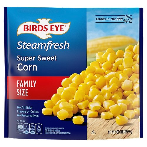Birds Eye Steamfresh Super Sweet Corn Family Size, 19 oz
Birds Eye Steamfresh Family Size Super Sweet Corn offers a quick, easy vegetable option for your family. Made with specially selected vegetables, this frozen sweet corn is flash frozen to lock in the super sweet taste. This frozen corn is made with no artificial colors, flavors or preservatives to give you only the best for your family. Enjoy the frozen vegetables as an easy side dish or add it to recipes, such as casseroles or corn and black bean salsa. Preparation is simple; just microwave the frozen vegetable in the bag in less than 10 minutes or cook on the stove in under 14 minutes. Store the 19 ounce bagged corn in the freezer until you're ready to cook it. It's good to eat vegetables, so Birds Eye makes vegetables good to eat.