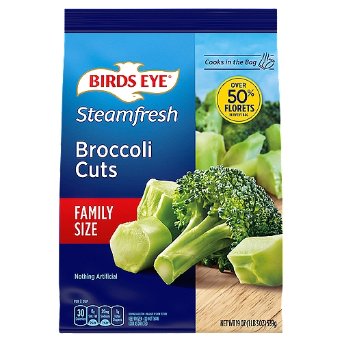 Birds Eye Steamfresh Broccoli Cuts Family Size, 19 oz
Birds Eye Steamfresh Broccoli Cuts make it quick and easy to serve veggies at every meal. Simple and delicious, these frozen vegetables contain specially selected broccoli picked at the peak of freshness and frozen to preserve the flavor. Your family deserves the best when it comes to your veggies. That's why there is nothing artificial added to these bagged vegetables. Serve these frozen broccoli cuts as an easy side dish at dinner with or without cheese sauce, or add the frozen veggies to your favorite soups and casseroles. Preparation is easy. Simply microwave right in the bag in under 12 minutes or cook on the stove. Keep this 19 ounce bag of microwave vegetables fresh in the freezer until you're ready to enjoy. It's good to eat vegetables, so Birds Eye makes vegetables good to eat.
