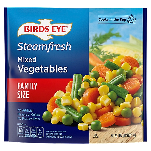 Birds Eye Steamfresh Mixed Vegetables Family Size, 19 oz
Birds Eye Steamfresh Mixed Vegetables give your family a delicious vegetable side dish with less work. Flash frozen for fresh flavor, these mixed veggies contain corn, carrots, green beans and peas for a classic vegetable mix. These frozen mixed vegetables are made without artificial flavors, colors or preservatives to give you only the best. Enjoy the steamable vegetables as an easy side, or add them to casseroles. Preparation is easy; just microwave the frozen vegetables in the bag for up to 10 minutes or cook on the stove in under 15 minutes. Keep the family size 19 ounce bag in the freezer until you're ready to cook it. It's good to eat vegetables, so Birds Eye makes vegetables good to eat.