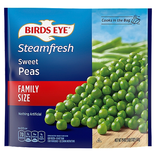 Birds Eye Steamfresh Sweet Peas Family Size, 19 oz
Birds Eye Steamfresh Family Size Sweet Peas make dinner prep easy with a quick, delicious vegetable side. Picked at the peak of freshness, these frozen peas are flash frozen to lock in the sweet and fresh flavor. These frozen vegetables contain nothing artificial to give you a side dish with only the best. Enjoy the frozen sweet peas as a side dish with your favorite meals or add them into casseroles. It's easy to prepare these peas; just microwave the frozen vegetable in the bag for less than 10 minutes or cook them on the stove in 13 minutes. Store the 19 ounce bag in the freezer until you're ready to cook it. It's good to eat vegetables, so Birds Eye makes vegetables good to eat.